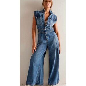 Free People CRVY 12 Badlands Coverall Blue Distressed Denim Flared Leg Button Up